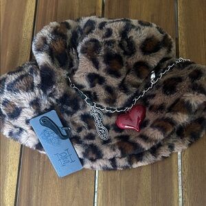 Ed Hardy Leopard Print Faux Fur Hat with Heart Charm
